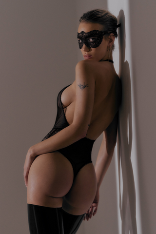 Black V Neck Thong Bodysuit Maison Close Accroche Coeur