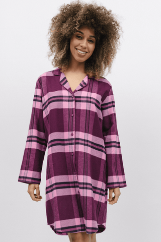 Cyberjammies Eve Check Long Sleeve Nightshirt Dark Magenta Mix