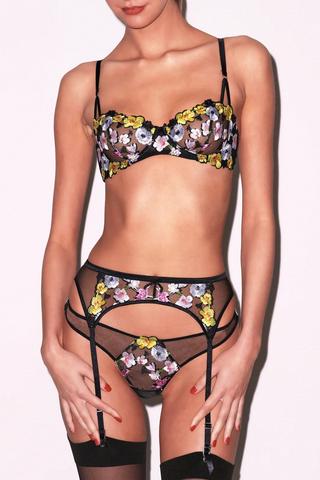 Fleur du Mal Eden Black Floral Embroidery Suspender Belt