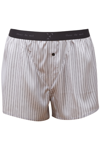 Gender neutral pinstripe silk boxer shorts with button fly