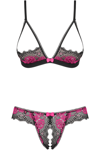 Obsessive Tulia Cupless Bra & Crotchless Thong Black/Pink