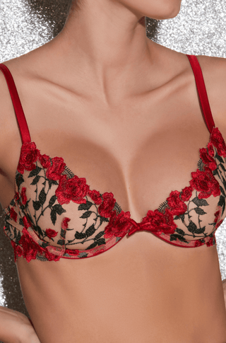 Fleur du Mal Roses and Thorns Embroidery Demi Underwired Bra Rouge