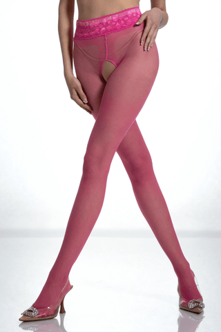 Amour Crotchless Pink Bonbon Lace Tights 30 Denier