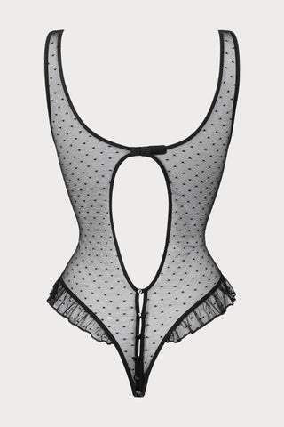 Atelier Amour Coup de Foudre Black Plumetis Tulle Openable Thong Bodysuit - Naughty Knickers