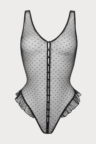 Atelier Amour Coup de Foudre Black Plumetis Tulle Openable Thong Bodysuit - Naughty Knickers