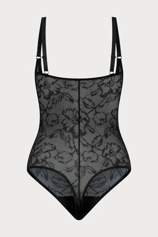 Black Lacy Open Bust Thong Bodysuit