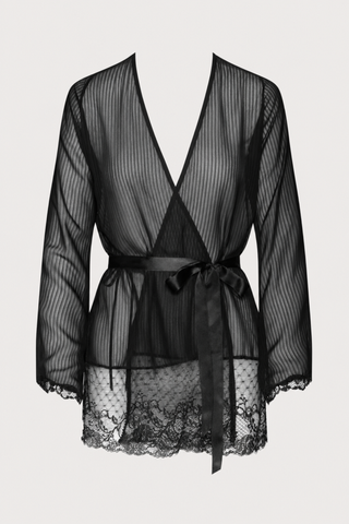 Cadolle Sheer Black Striped Chiffon & Lace Kimono, Size L (UK 14) - Naughty Knickers