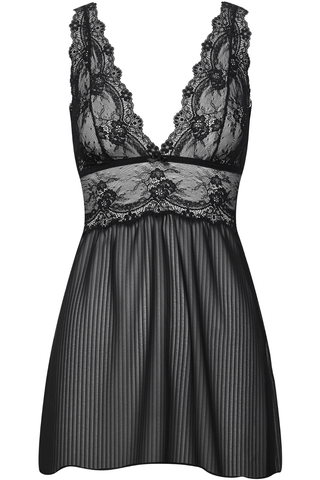 Cadolle Grace Striped Chiffon & Lace Nightie Black