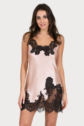 Clara Rossi Blush Italian Silk Chemise with Black Lace - Naughty Knickers