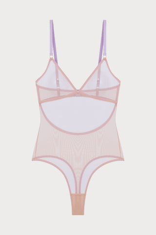 Dora Larsen Ophelia Nude Tulle Thong Bodysuit with Lilac Shoulder Straps
