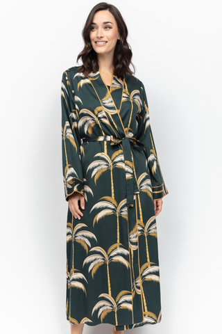 Fable & Eve Pimlico Palm Print Long Dressing Gown Emerald Green