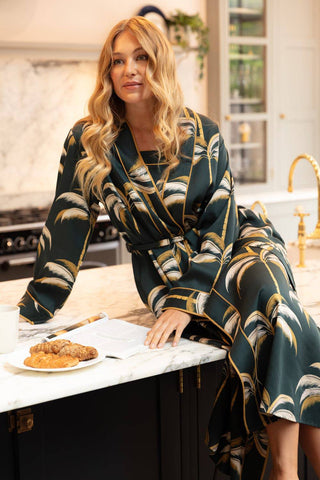 Fable & Eve Pimlico Palm Print Long Dressing Gown Emerald Green