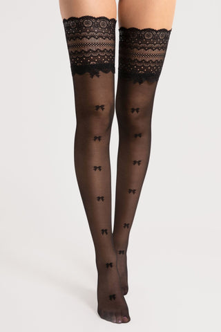Fiore Coquette Bow Pattern Hold Ups Black 15 Denier