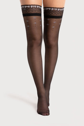Fiore Reveil Lace Top Hold Ups Black & White 20 Denier