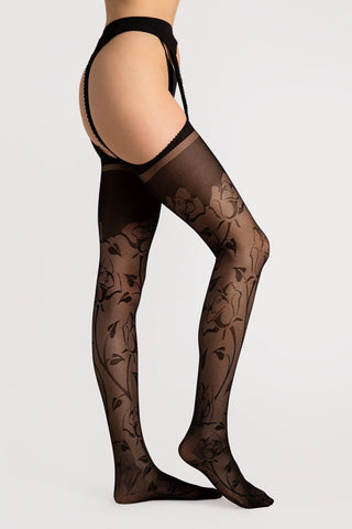 FiORE Sensual Amorosa Floral Pattern Suspender Tights Black 30 Denier