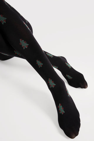 FiORE So Quiet Christmas Tree Pattern Tights Black & Green 60 Denier