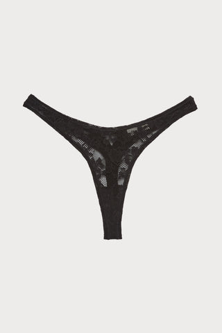 Le Stretch Lace High Leg Thong Black
