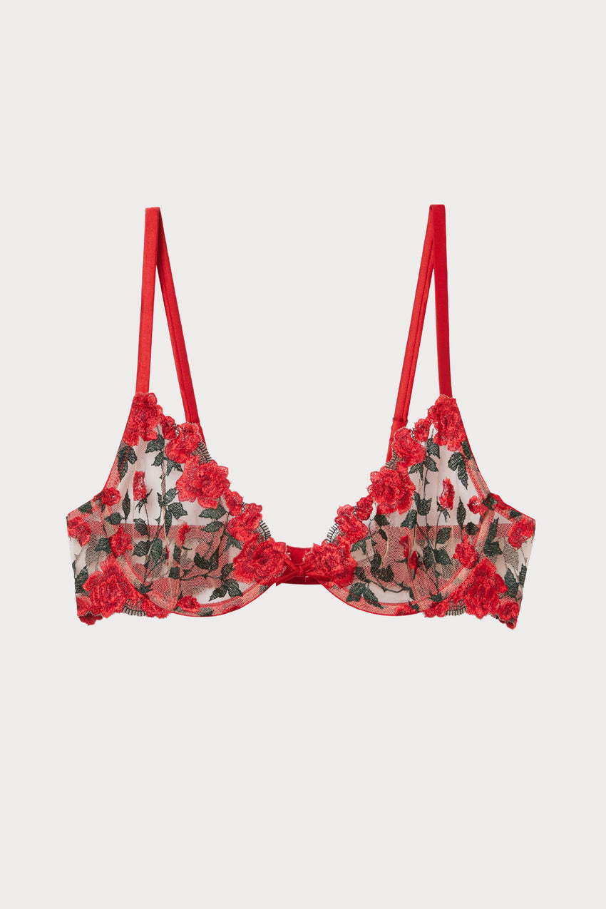 Fleur du Mal Roses and Thorns Embroidery Demi Underwired Bra Rouge ...