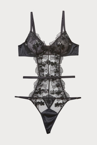 Black Sequin Embroidery Bodysuit, Size M (UK 8-10)