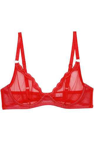 Womens Red Sheer Tulle Demi Bra with Lace Trim by Fleur du Mal 