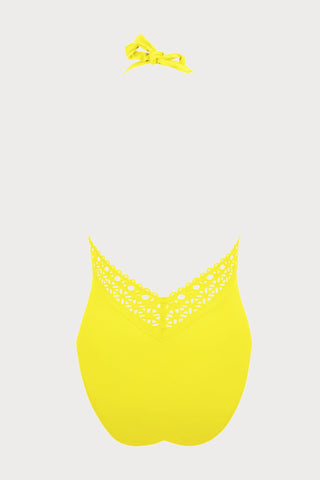 Ajourage Couture Plunging Back Halter Yellow Swimsuit