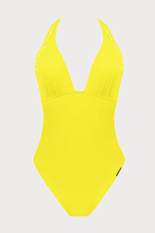 Ajourage Couture Plunging Back Halter Yellow Swimsuit