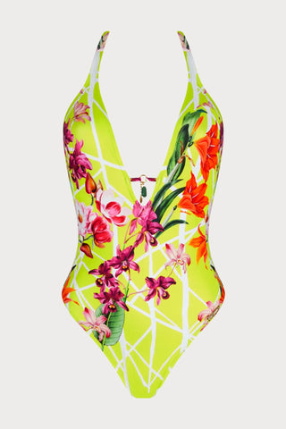 Lise Charmel Fleurs Splendeur Seduction Halter Swimsuit Lime - Naughty Knickers