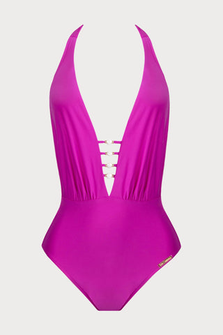 Lise Charmel Perles Nacrées Halter Swimsuit Fuchsia, Size L (UK 14) - Naughty Knickers