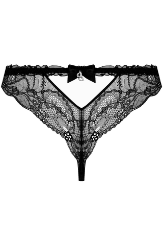 Lise Charmel Soir de Venise black lace thong with satin bow and crystal mask charm