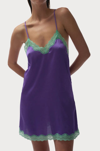 Willow Purple Satin Slip Dress with Mint Lace, Size M (UK 10)