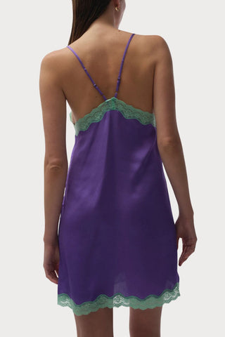 Willow Purple Satin Slip Dress with Mint Lace, Size M (UK 10)
