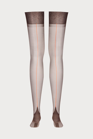 Maison Close Brown Nylon Stockings with Neon Orange Back Seam 