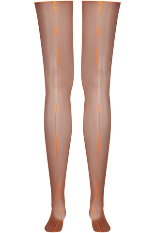 Maison Close Sheer Cut & Curled Back Seamed Stockings Brown/Neon Orange