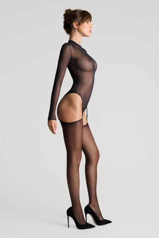 Maison Close Cut & Curled Lurex Gold Seam Stockings 20 Denier Black
