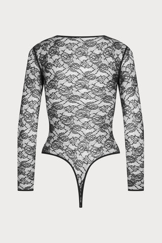Flashback Lace Long Sleeve Thong Body Black