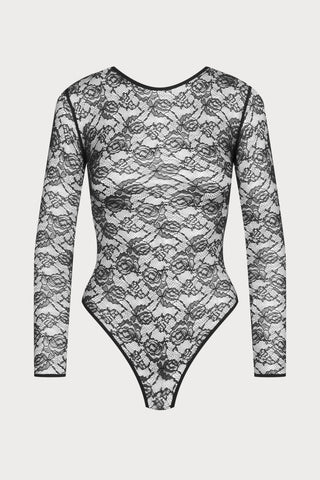 Flashback Lace Long Sleeve Thong Body Black