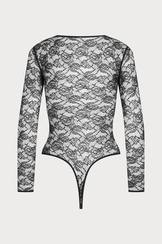 Flashback Lace V Neck Long Sleeve Thong Bodysuit