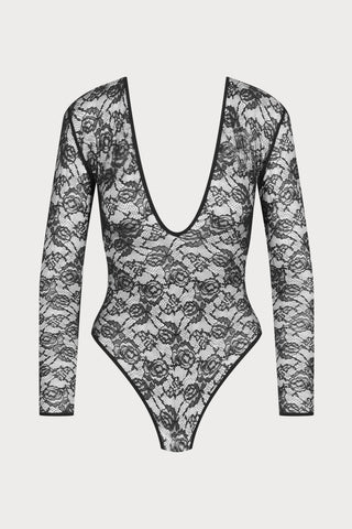 Flashback Lace V Neck Long Sleeve Thong Bodysuit