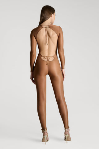 Maison Close French Kiss Sheer Long Sleeve Jumpsuit in Light Sienna