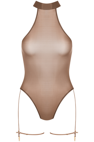 Maison Close French Kiss Light Mocha Sheer Garter Thong Bodysuit