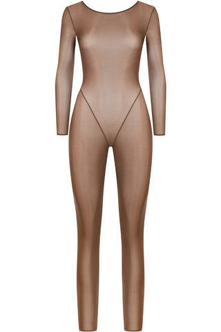 Maison Close French Kiss Light Mocha Sheer Long Sleeve Jumpsuit