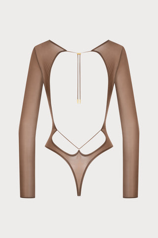 French Kiss Light Mocha Long Sleeve Thong Bodysuit