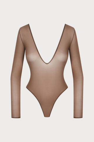 French Kiss Light Mocha Long Sleeve Thong Bodysuit