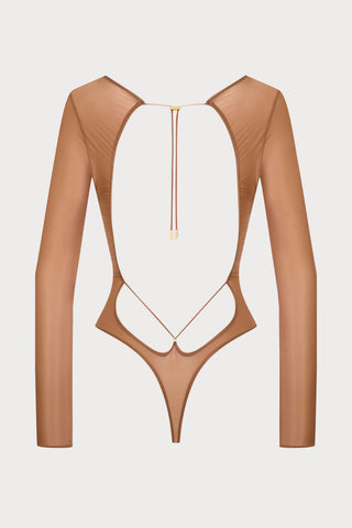 French Kiss Light Sienna Long Sleeve Thong Bodysuit