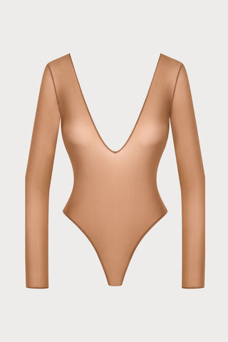 French Kiss Light Sienna Long Sleeve Thong Bodysuit
