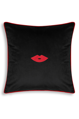Maison Close Black Velvet Cushion with Red Lip Embroidery French Kiss