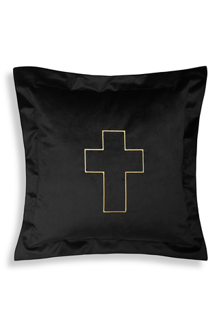 Maison Close Black Velvet Cushion with Gold Cross Embroidery Inspiration Divine