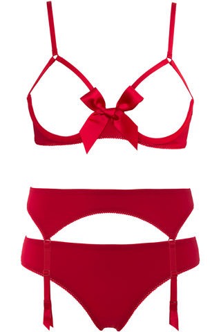 Maison Close Le Petit Secret Cupless Bra & Naked Shorty & Suspender Red
