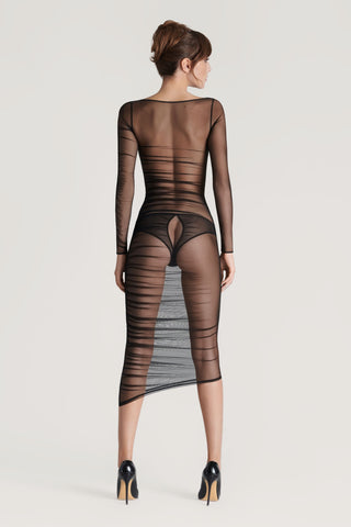 Maison Close Nuit Fauve Sheer Long Sleeve Midi Dress Black