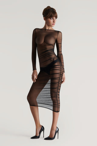 Maison Close Nuit Fauve Sheer Long Sleeve Midi Dress Black